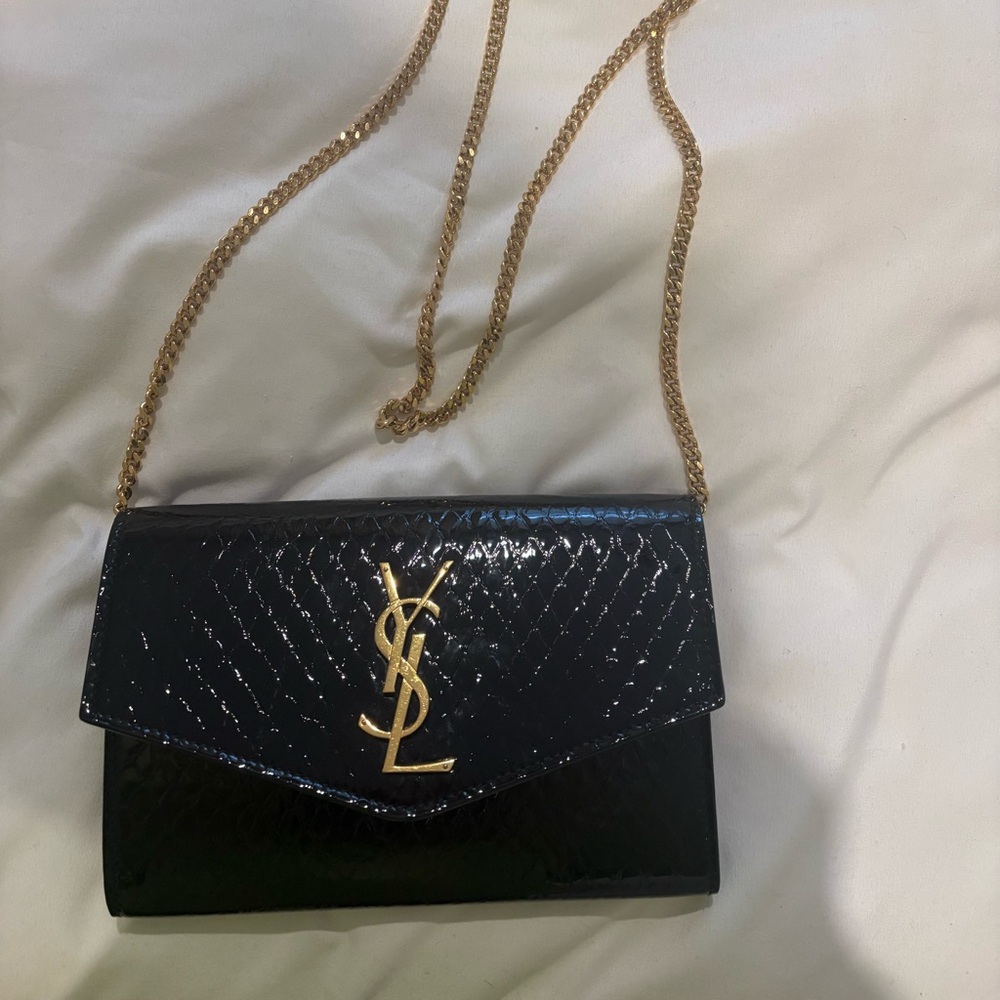 Yves Saint Laurent Embossed Crocodile Black Crossbody with Gold Chain